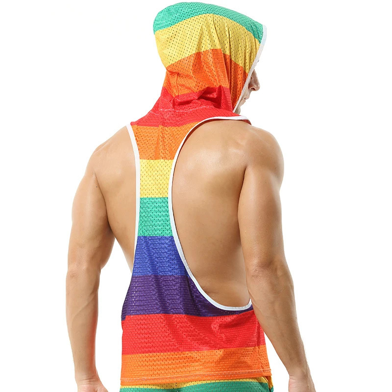 Mens Undershirts Rainbow Hooded Tank Tops Mesh Breathable Fitness Casual Vests Loose Shorts Homewear Tank 240327
