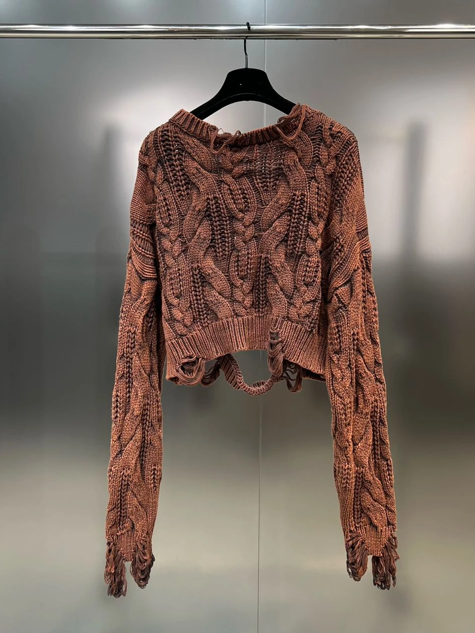 PREPOMP 2023 Autumn New Arrival Long Sleeve Round Neck Ripped Holes Loose Sweater Women Brown Knitting Pullover GL760