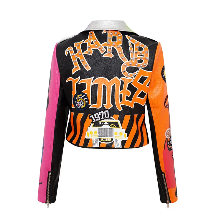 New Leather Coat Graffiti 2025 Print Motorcycle Leather Coat Women's Contrast Slim Fit Short Women's Top new Punk Rock Pu Leather Jacket