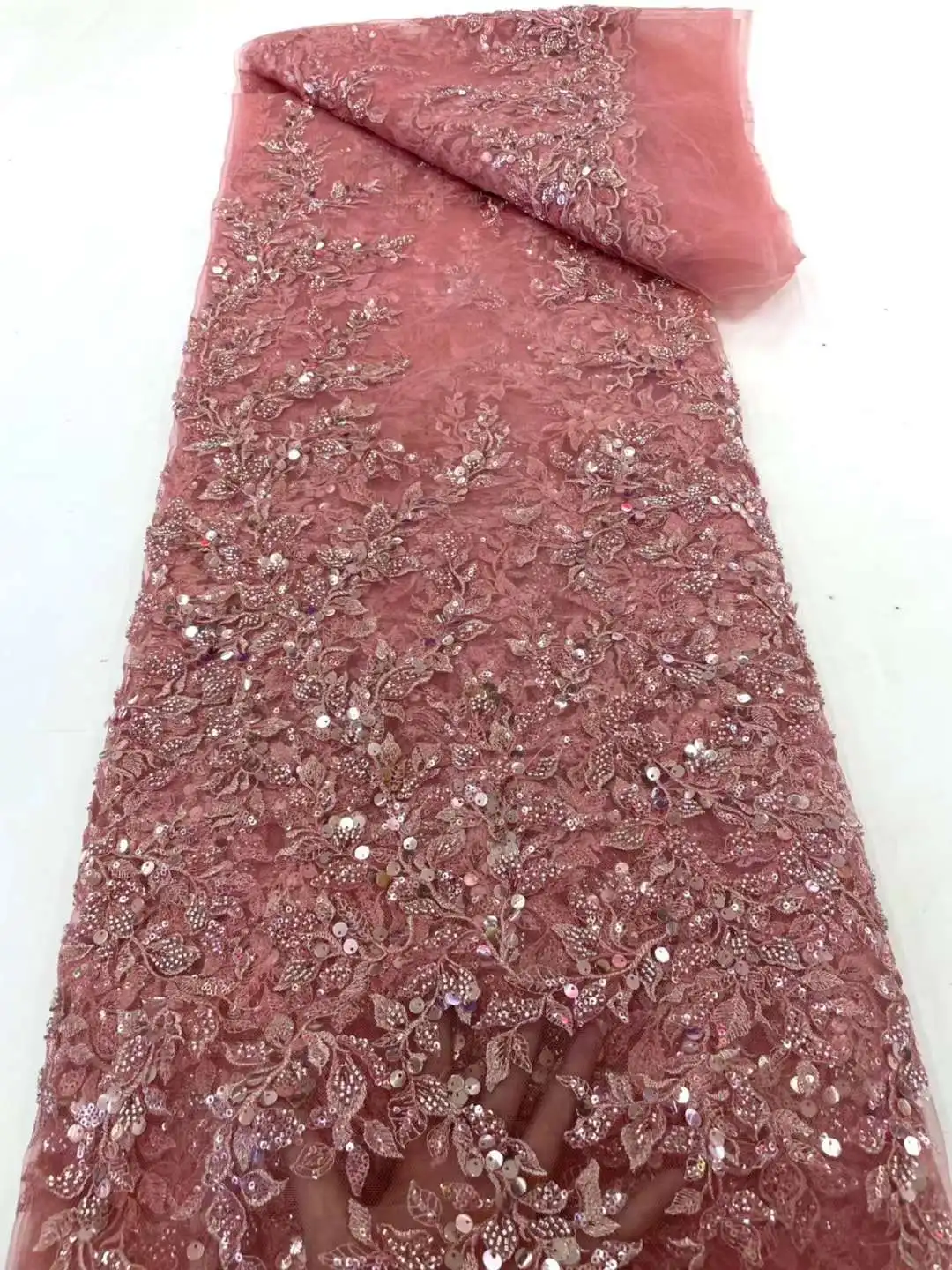 Nigerian African Lace Fabric 2023 High Quality Hamdmade new Beads Bridal Lace 2025 Fabric Sequin Beaded Embroidery For Wedding