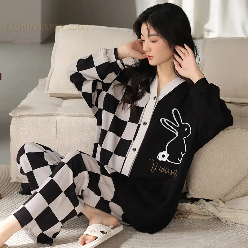 Spring Plaid Elegant new Women 2025 Pama Sets Female Pyjamas V-neck Girls Kimono Sleepwear Femme Loungewear Pijama Mujer Home Nightwear