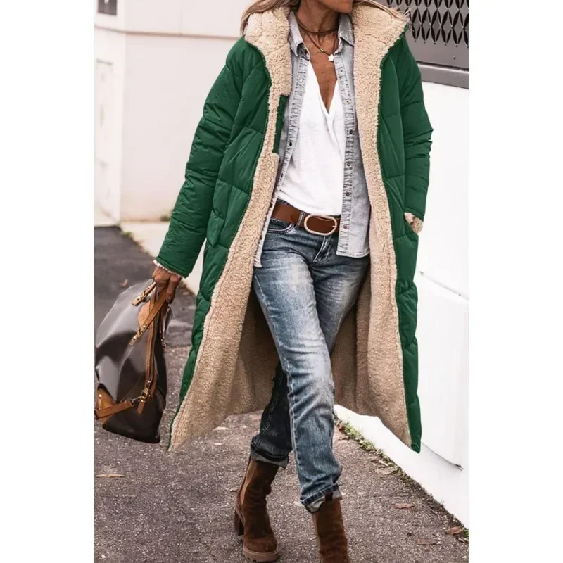 Women's Loose Solid Color Plush Long Parkas 2023 New Winter Parkas Coat Women's Casual Long Sleeve Hooded Pocket Zipper Coat