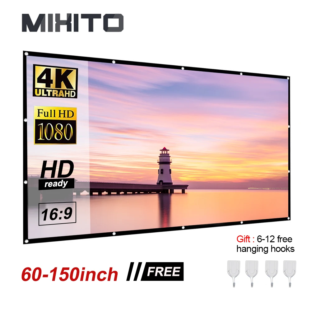 MIXITO Projector Screens 16:9 Proyector 60 72 84 92 120 150Inch Smart Home Outdoor KTV Office Portable Simple Curtain Projection