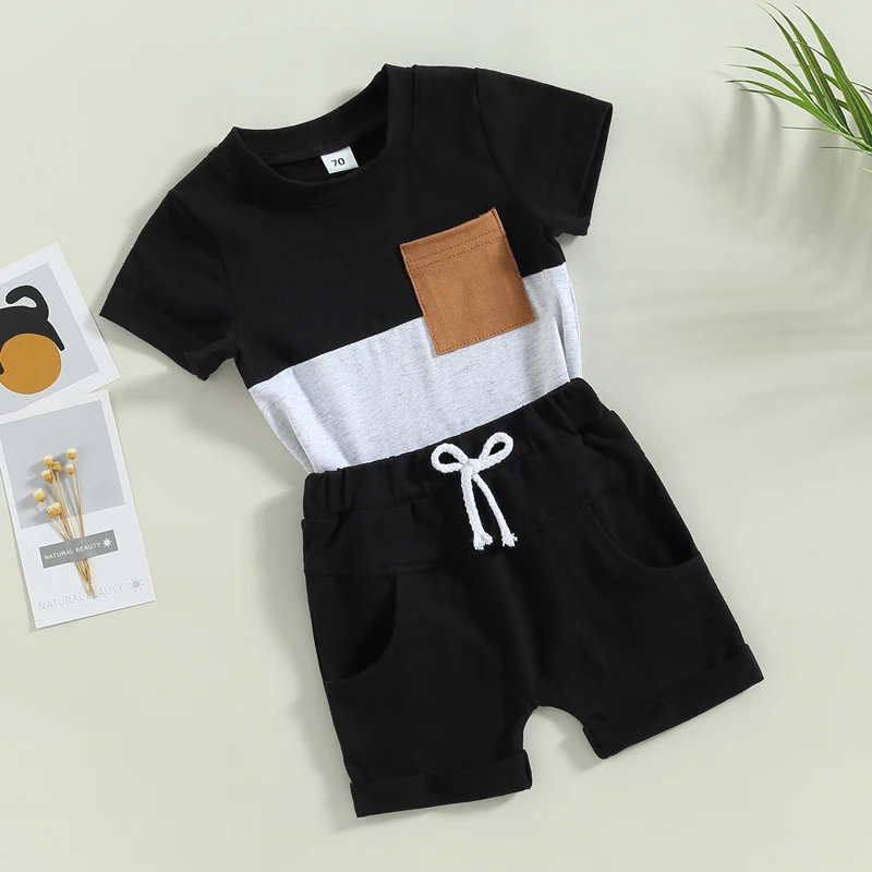2023-02-01 Lioraitiin new 0-3Years Toddler Boys 2Pcs Summer Outfit 2025 Sets Short Sleeve Contrast Color Tops Solid Drawstring Shorts