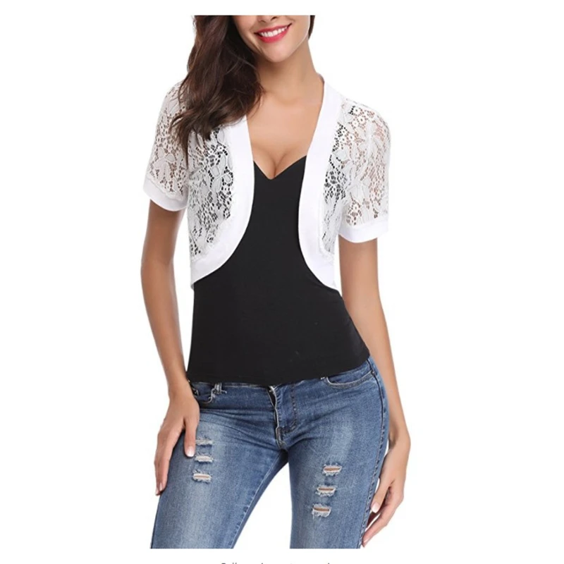 Sexy Women Black White Lace Elegant Ladies Shrug Short Bell Sleeve Cropped new 2025 Jacket Shrug For Wedding Evening Prom