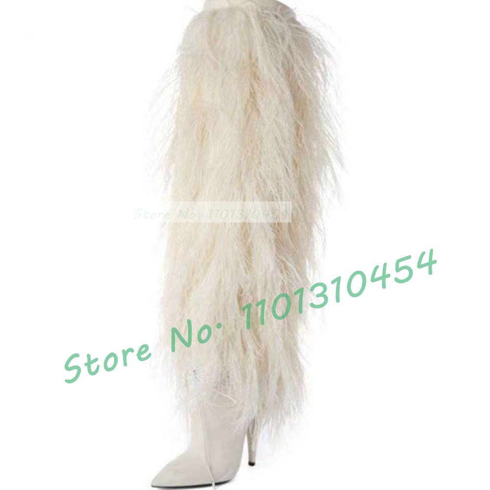 Black Fur Knee-length Boots Women Sexy Pointy Toe High Heels Furry Suede Shoes Outfit Ladies Trendy Party Warmly Winter Shoes