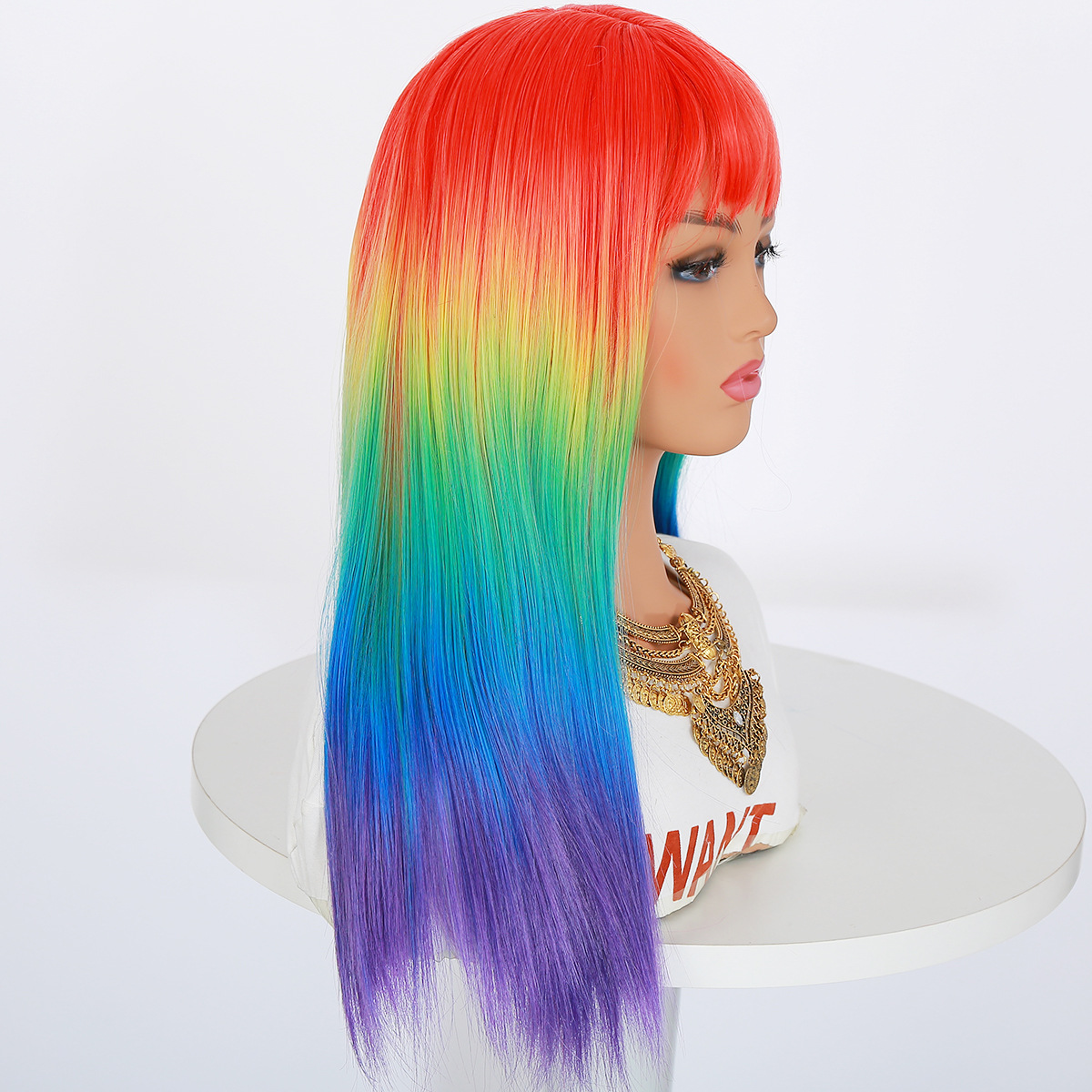Similler Long Women Synthetic Colored Wig Straight Hair Heat Resistance Ombre Rainbow Cosplay Wig with Bangs