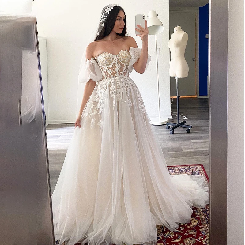 Short Puff Sleeves 3D lace new Wedding Dresses Champagne Liner Tulle Appliques Formal Bridal Gowns 2025 Womens 2023