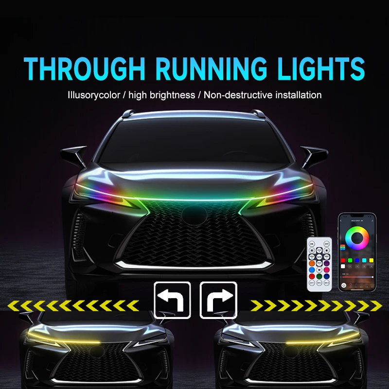 RGB LED Car Hood Light With Trun Signal APP Remote Control Daytime Running Lights Auto Decorative Atmosphere Ambient Lamp 12V