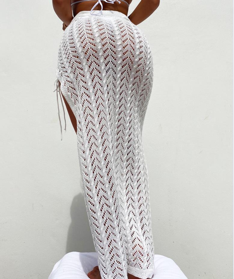 Yiiciovy Women Knitted Cover-Up 2025 Sarong Skirts Solid Hollow-Out Side Tie-Up High Slit new Beach Long Skirts Summer Swimsuit Cover Up