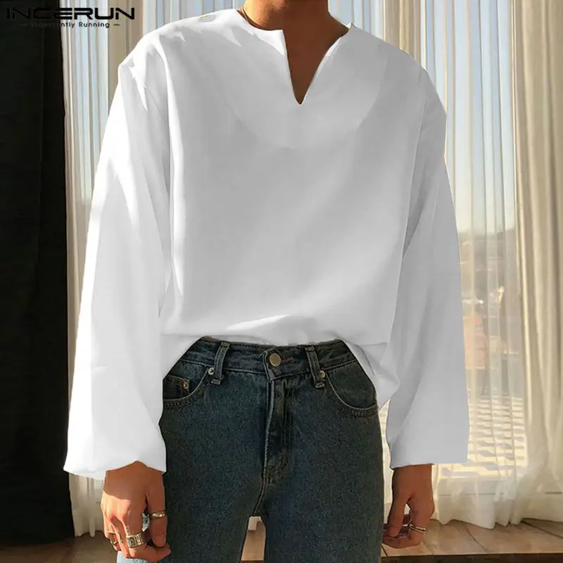 INCERUN 2023 Men Shirt Solid Color V Neck new Long Sleeve Loose 2025 Vintage Men Clothing Streetwear korean Style Casual Shirts S-5XL