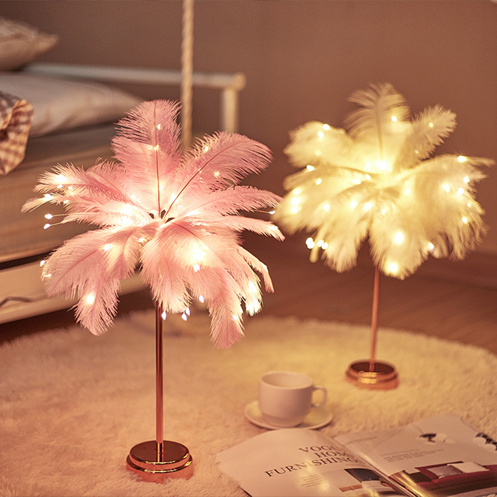 Pink Feather Lamp LED Atmosphere Feather Table Lamp Night Lights Bedside Lamps Desk Light for Wedding Home Bedroom Decoration