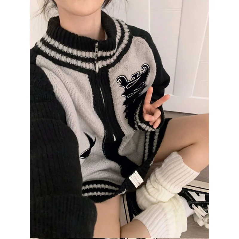 Deeptown Streetwear Y2k Zip Sweater Cardigan Women Retro 2025 Grey Striped Patchwork new Oversize Letter Jumper Korean Style Knitted Top