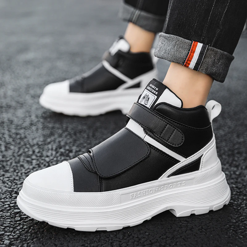 Autumn Men Casual Sneakers Leather new Chunky Platform High-top Shoes Ankle 2025 Boots Magic Tape Sneakers Male Breathable Sport Shoes 44