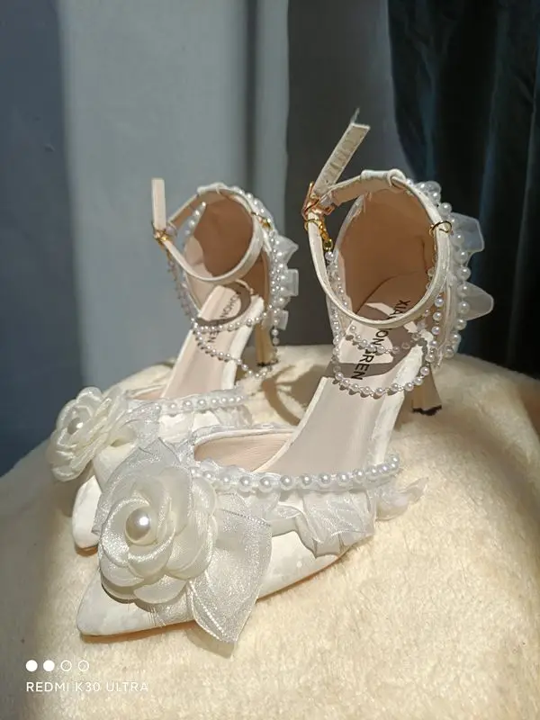 Lolita elegant party dresses for women 2024 wedding bridal shoe pointed toe heels Pretty shoes designer ladies heel beige high-e
