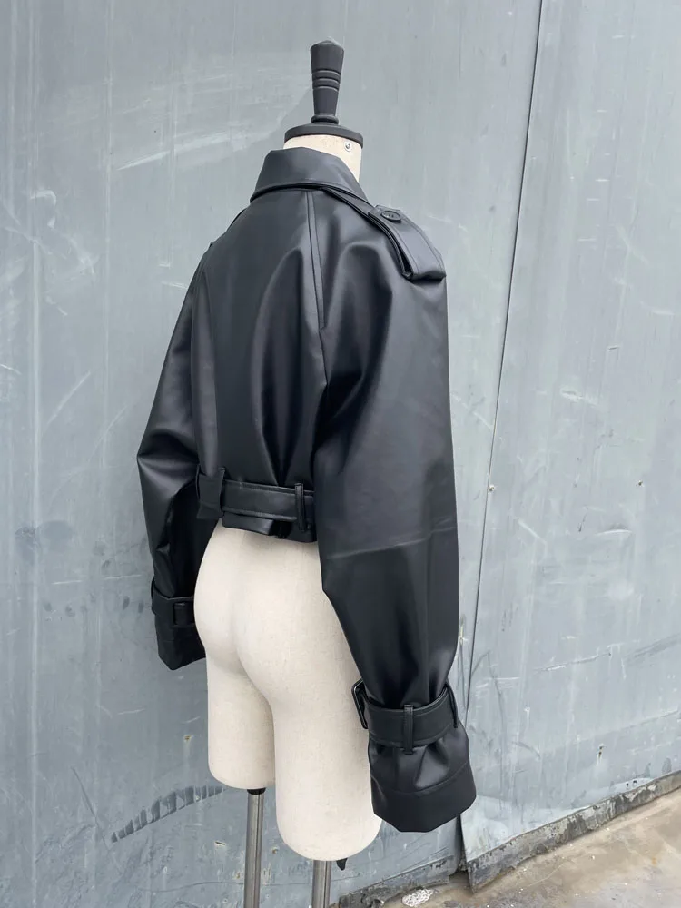 RR3191 Short Oversized Leather new Effect Trench Coats Fake Leather Cropped Short Jackets 2025 Ladies Long Sleeve Loose Women Coa