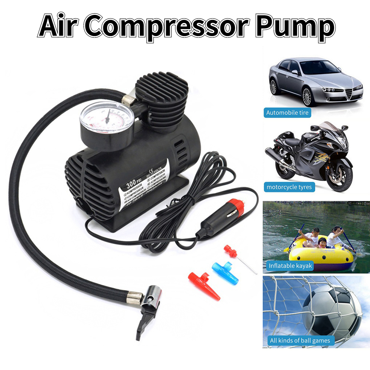 Air Compressor Portable 60W 12V 300psi Car Mini Air Compressor Pump Automobile Car Tyre Inflator Air Pump for Motorcycle Kayak
