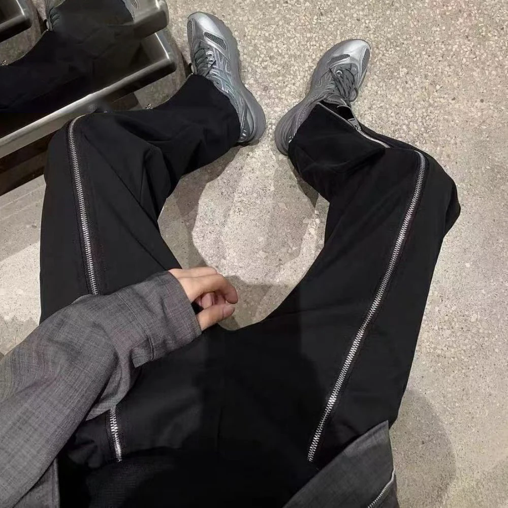 Korean Zipper Design Trendy Men Straight Pants Casual Chic Black Trousers new 2025 Personalized Trendy High Street Male