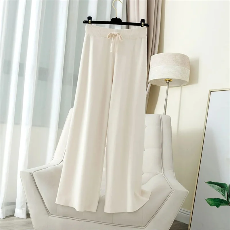 Drawstring Slim Waist Wide Leg Pant High Waist Loose Knitted Casual Pants 2023 Harajuku Solid Color Elegant Straight Pants Women