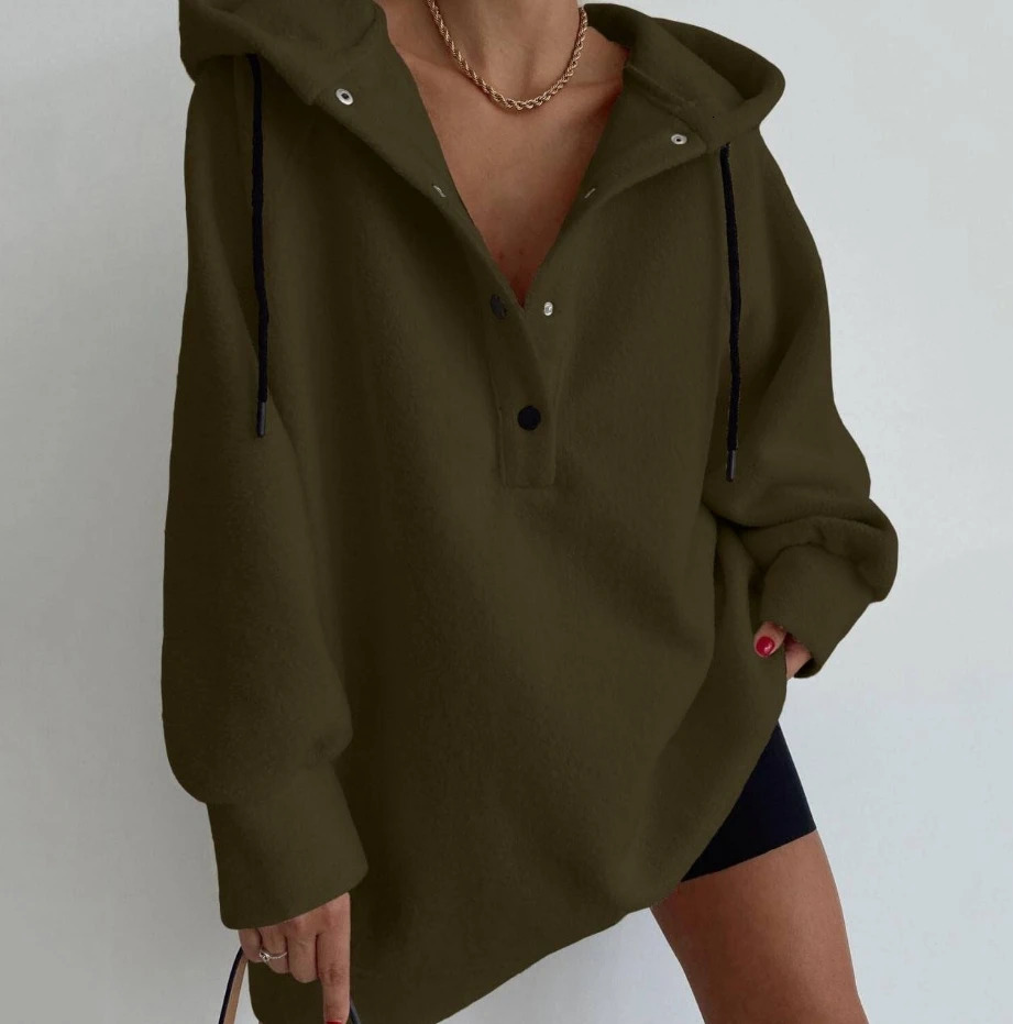 Woman Hooded Shirt Autumn Fashion Polar Fleece Loose Daily Casual Button Long Sleeve Drawstring Pullovers Sweatshirt 240318