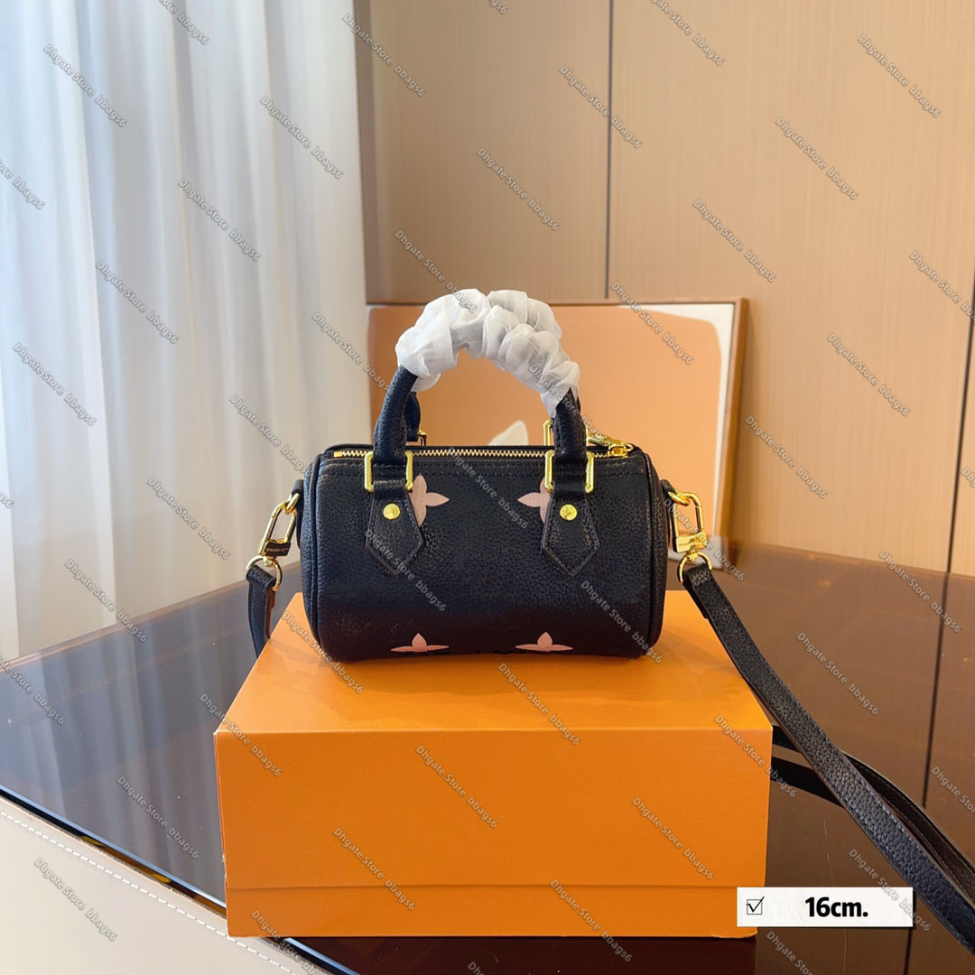 Fashion Designer Nano Speedy 16 Women Leather Shoulder Bag Black Embossed Handbag Luxury Brand Totes Classic Crossbody Purse