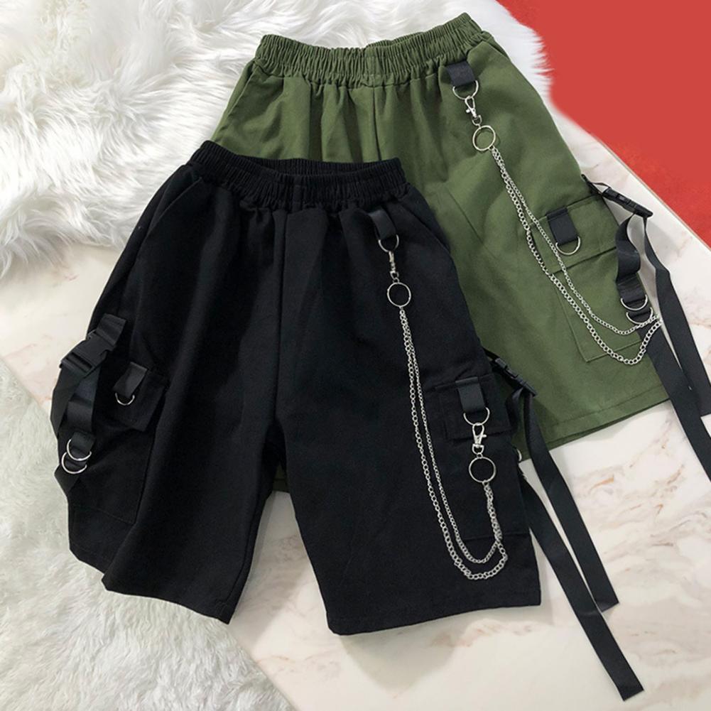 Men Shorts Multi Pockets Chain Strap Decor Casual Shorts Mid-Rise Elastic Waistband Male new Shorts Knee Length Men 2025 Cargo Short