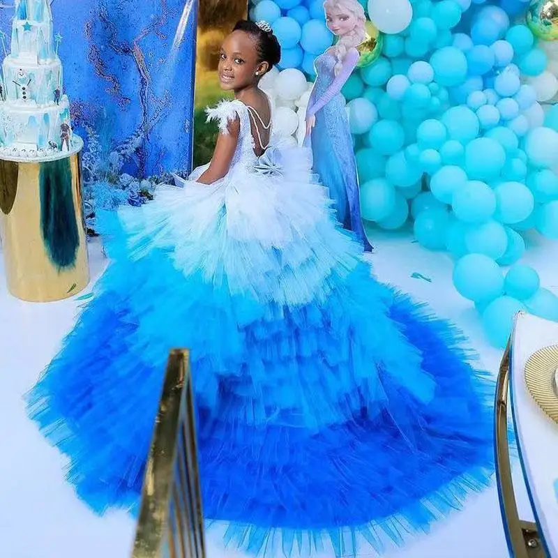 new White And Blue Coloful Tiered Flower Girls Dresses Puffy Tulle Ruffles Skirt Kids Birthday Party 2025 Feather Child Pageant Gowns