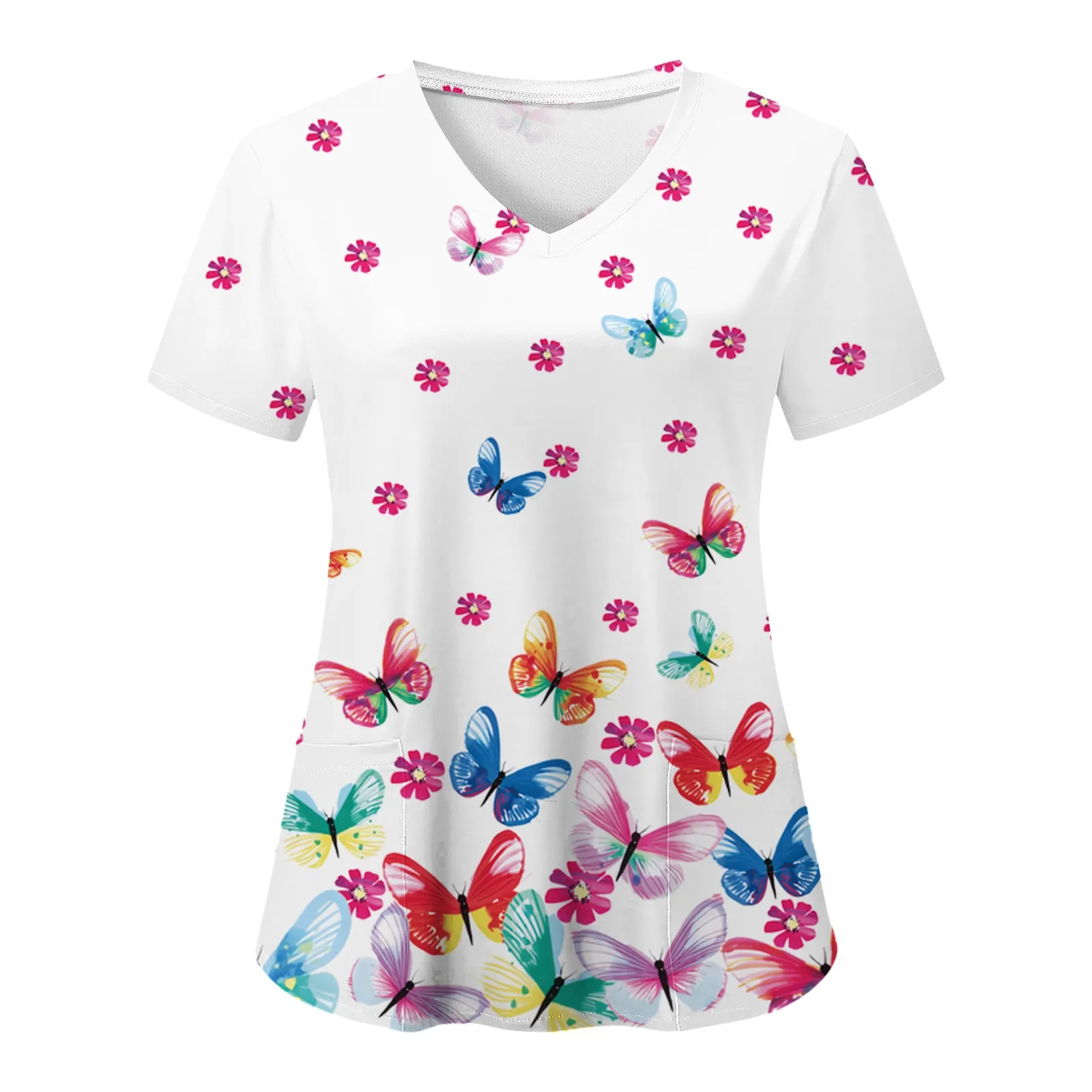 Nurse Uniform Women Womens Short Sleeve V Neck Butterfly Print Nursed Working Blouse Pockets Scrubs Work Medical Nursing Uniform