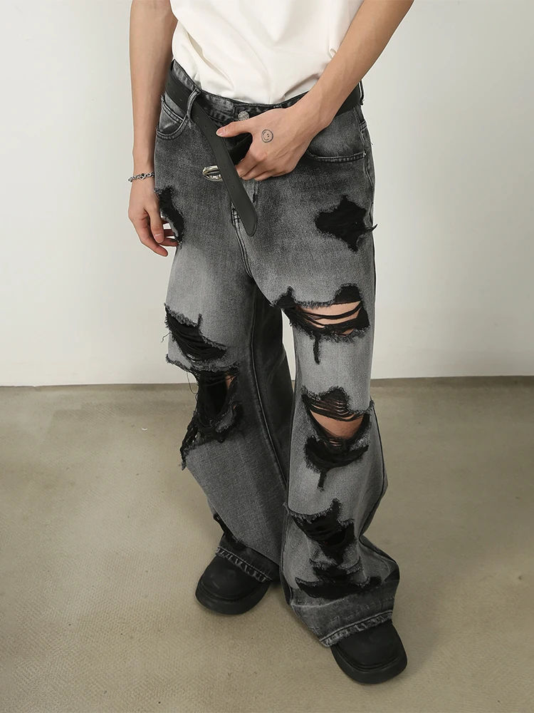 HOUZHOU Ripped Jeans for Men Wide Leg Pants Oversize Hip Hop Darkwear Denim Trousers Male Casual Japanese Streetwear Patchwork