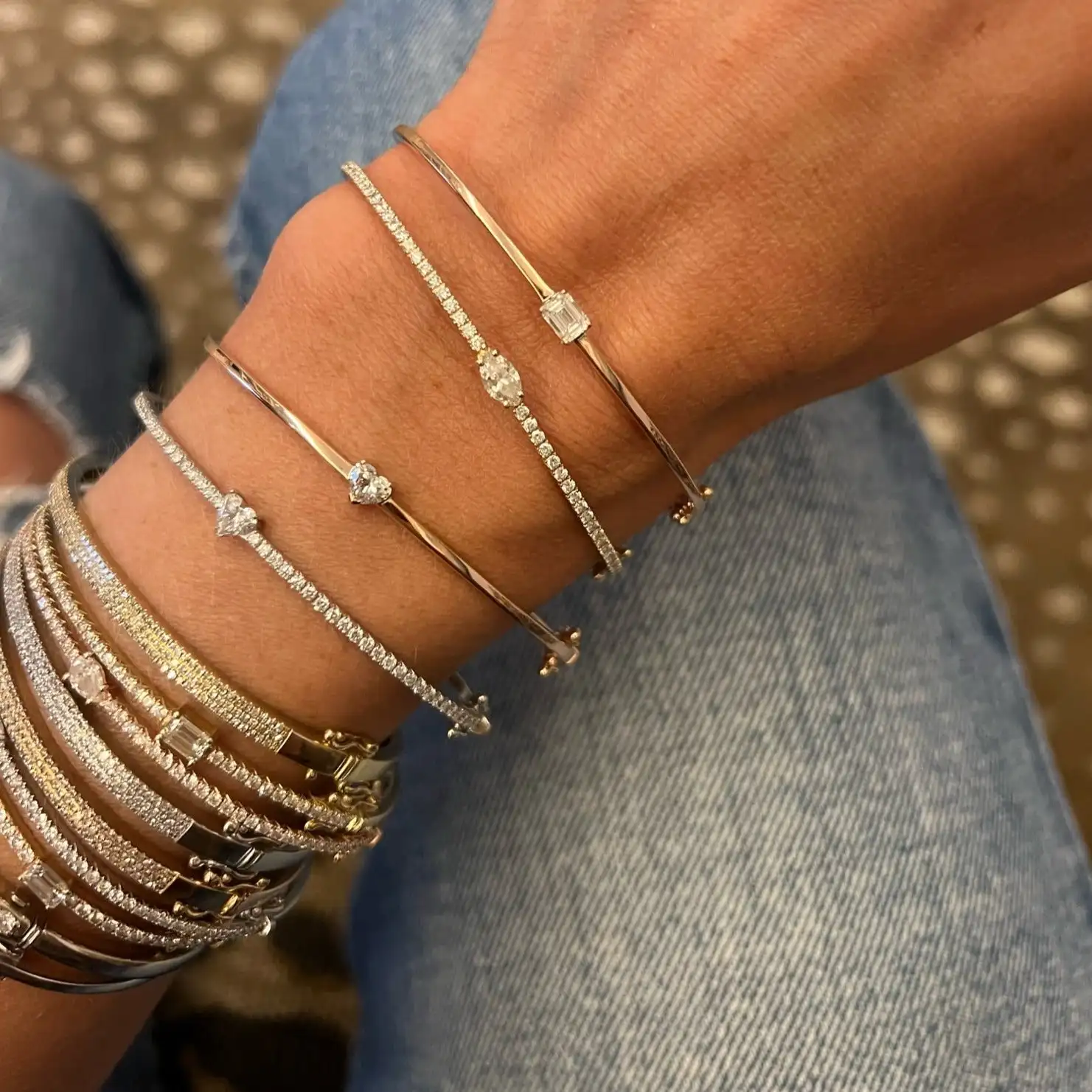 Geometric Heart Tear Rectangle Marquise Shaped 5A Cubic Zirconia CZ Thin Band Stack Bangle For Women