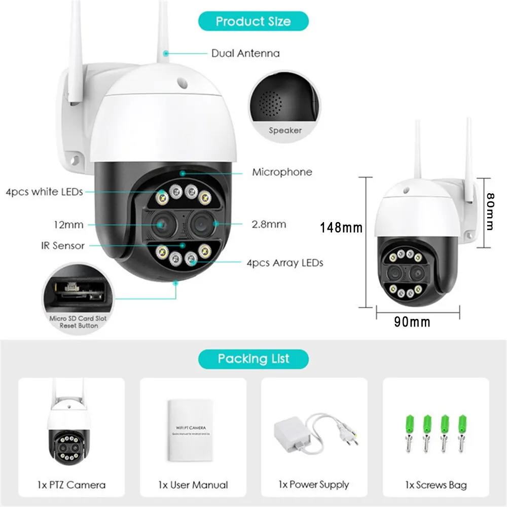 WiFi IP Camera 8MP Dual Lens 2.8mm -12mm 8X Zoom 4K PTZ Outdoor AI Human Tracking CCTV Audio Home Security Surveillance Camera