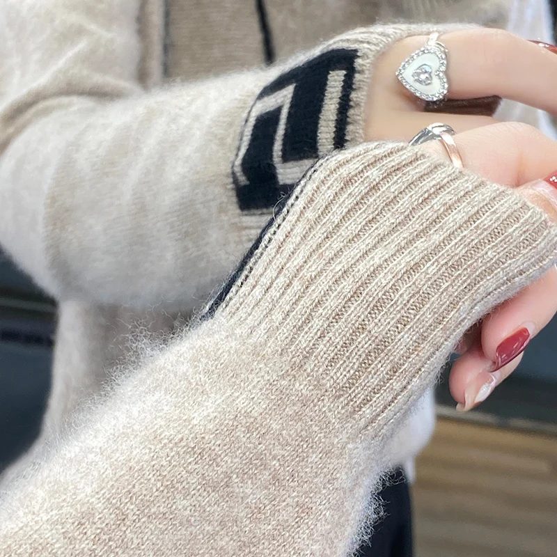 BELIARST Autumn Winter 2023 New Women's Half High Collar 100% Merino Wool Sweater Knit Pullover Color Matching M-8134