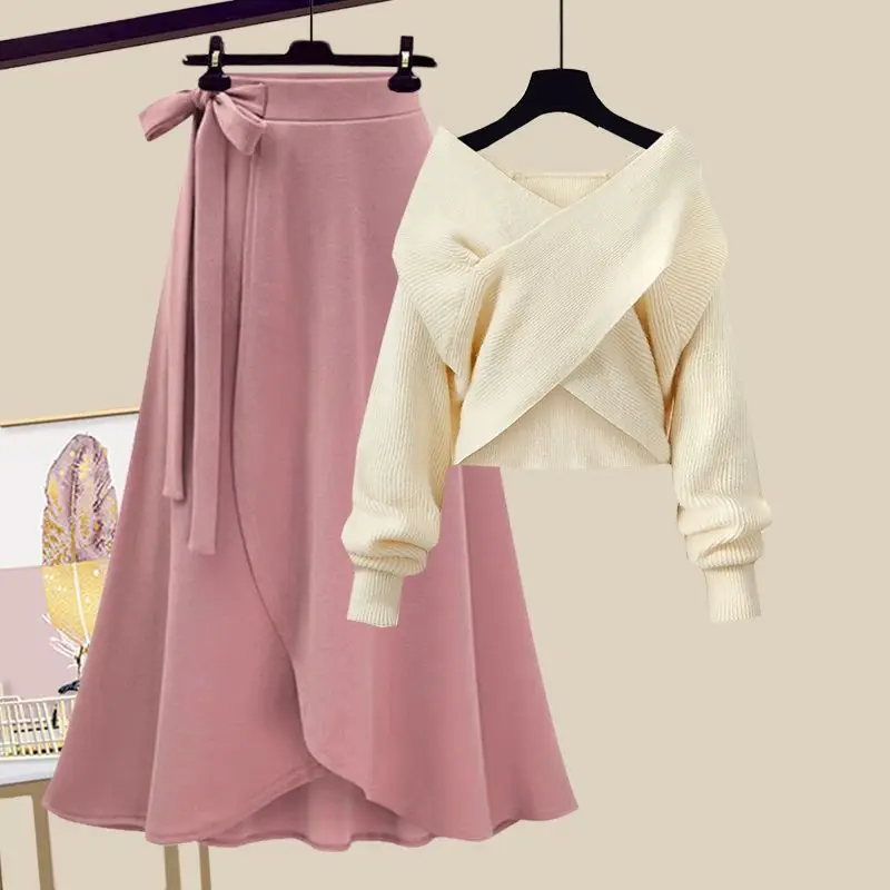 Spring/Summer Set 2025 Women's 2023 New Large Women's Korean Slim new Cross Sweater High Waist Half Skirt Two Piece Set Fashion