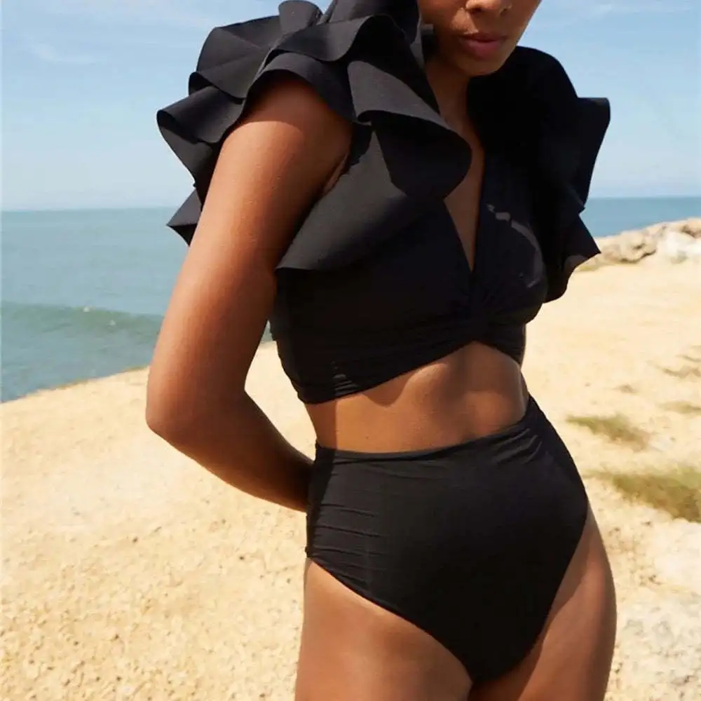 V-neck Black Bikini 2023 Ruffle Swimwear Women High Waist Swimsuit Printed Bathers Bathing Swimming Swim Suit Beachwear