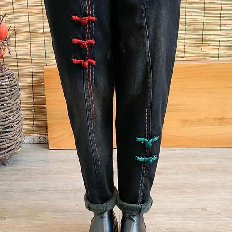 Vintage Embroided Plush Velvet Lined Baggy Jeans Women Winter Thicken Harem Denim Pants Streetwear Warm Ankle-length Vaqueros