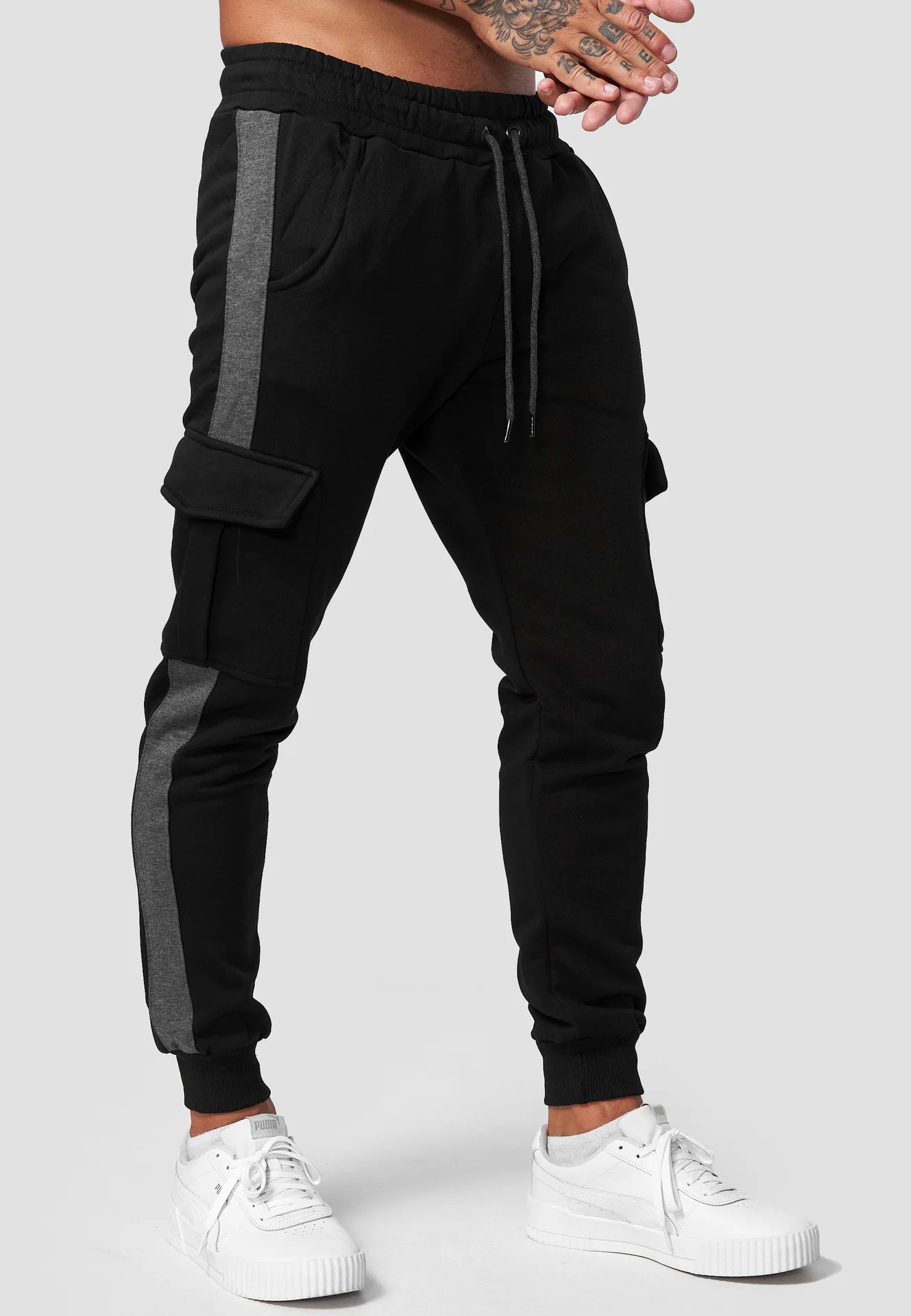2023 Winter New Men's Sports Casual Multi-pocket Plus Fleece Cargo Pants Men's Color Pants Pull Rope Leisure