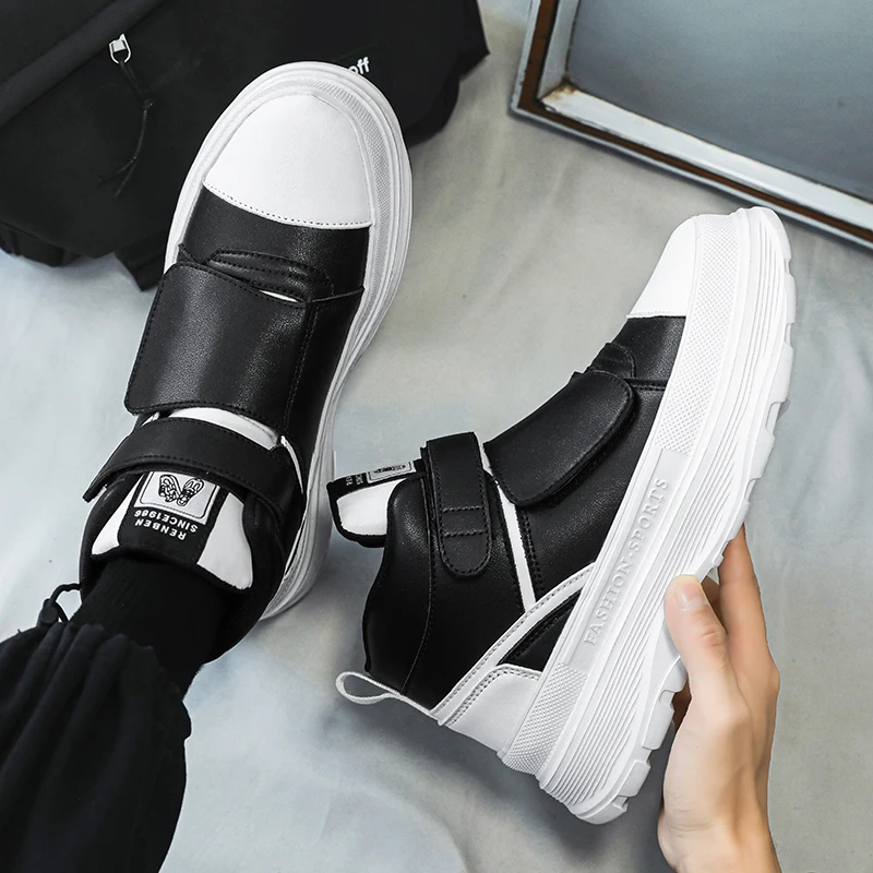 Autumn Men Casual Sneakers Leather new Chunky Platform High-top Shoes Ankle 2025 Boots Magic Tape Sneakers Male Breathable Sport Shoes 44