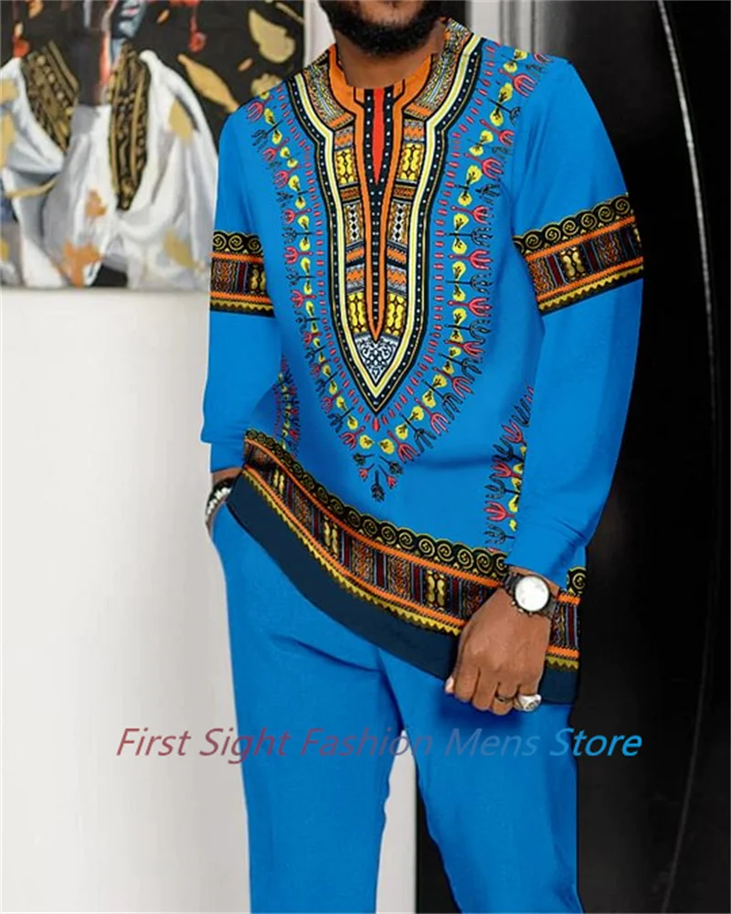 African Clothing Set for Men Tracskuit Set Casual Walking Suit Ovrersize Streetwear Long Sleeve T-Shirt Trousers Outfit 2-piece