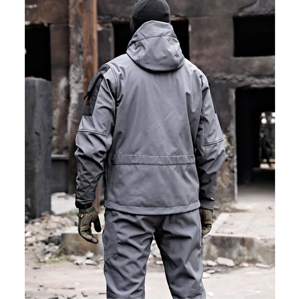 Soft Shell Suit Men Waterproof Tactical 2 Pcs Set Shark Skin Windproof Hooded Jacket Multi-pockets Cargo Pants Uniforms