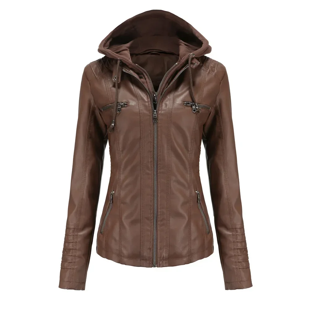 Faux Leather Jacket Women 2023 new Spring Hooded Moto Biker Zipper Jacket New in 2025 Outerwears Autumn Apricot Black White Red Brown XS