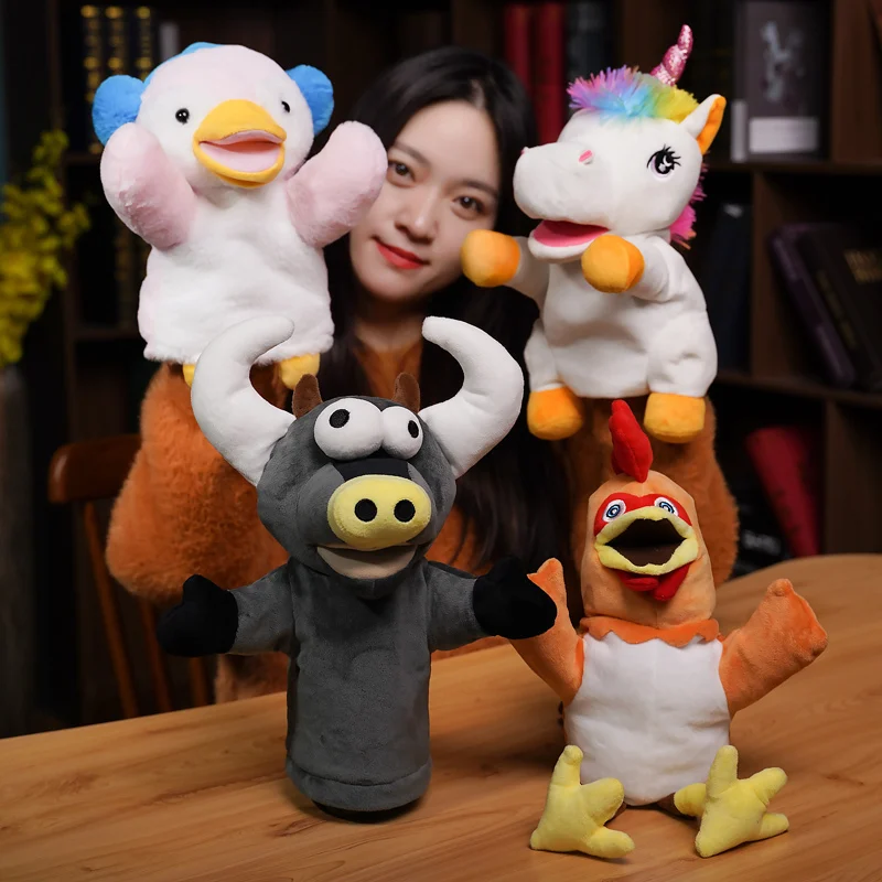 Cute Animal Plush Hand Puppets Soft Toys Chickens Unicorn Cattle Penguin Story Pretend Playing Doll Plush Toys Gift for Children