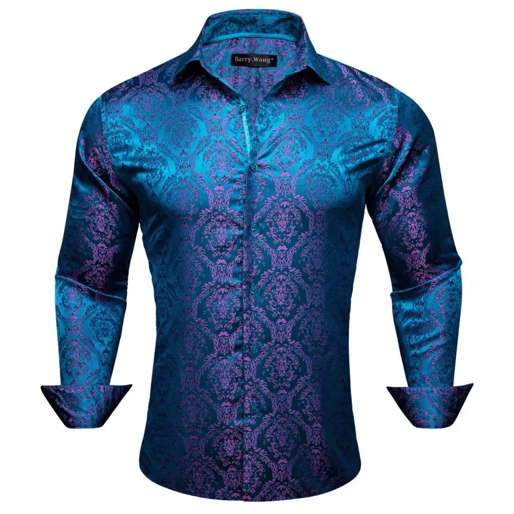 Elegant Men's Shirts Silk Long Sleeve Blue Flower Slim Fit Casual Lapel Male Tops Breathable Single Breasted Barry Wang