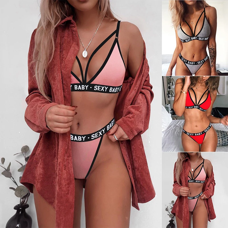 Women's Sexy Lingerie Set Letter Print Sports Underwear Set Pajamas Night Bra and Panty Sexy Bandage Corset Push Bra Bikini Set