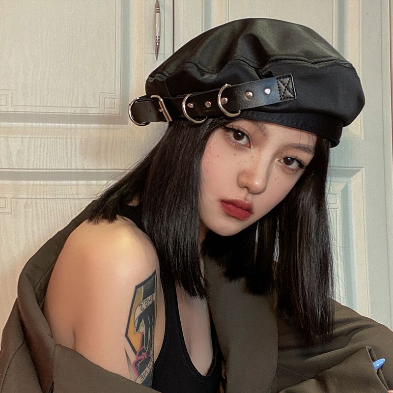 Y2K Cool new Girl Japanese Beret Cap Women's Spring Summer New Cute Retro 2025 Wild Metal Buckle Plaid Temperament Painter Hat Gorras