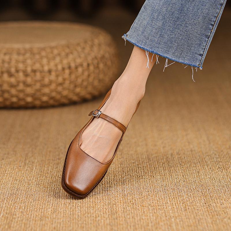 New 2022 Genuine Leather Mary Jane shoes Women's Retro New Buckle Shallow Heel Pumps Square Toe Shoes Woman atos De Mujer 9cc0