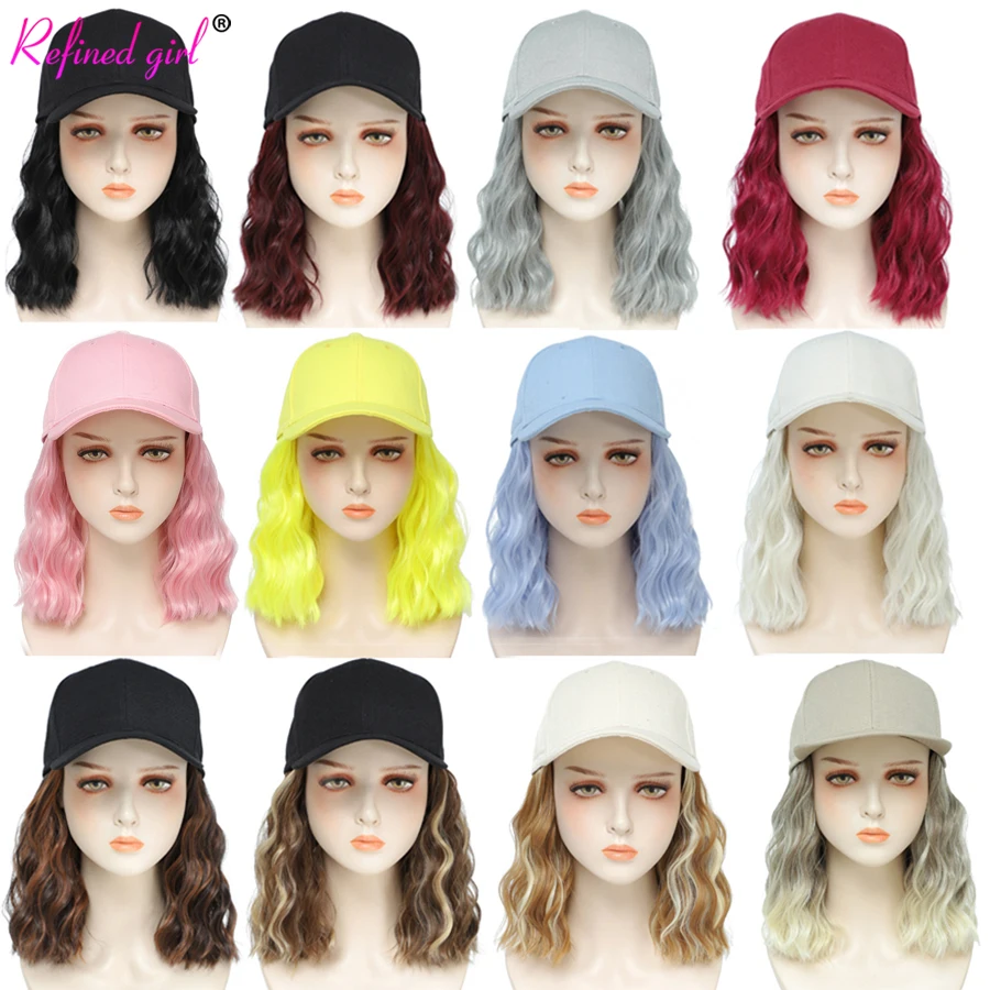 Short Hat Wig Baseball Cap with Natural Wave Hair Extensions Synthetic Wig for Women Adjustable White Black Pink Baseball Wig
