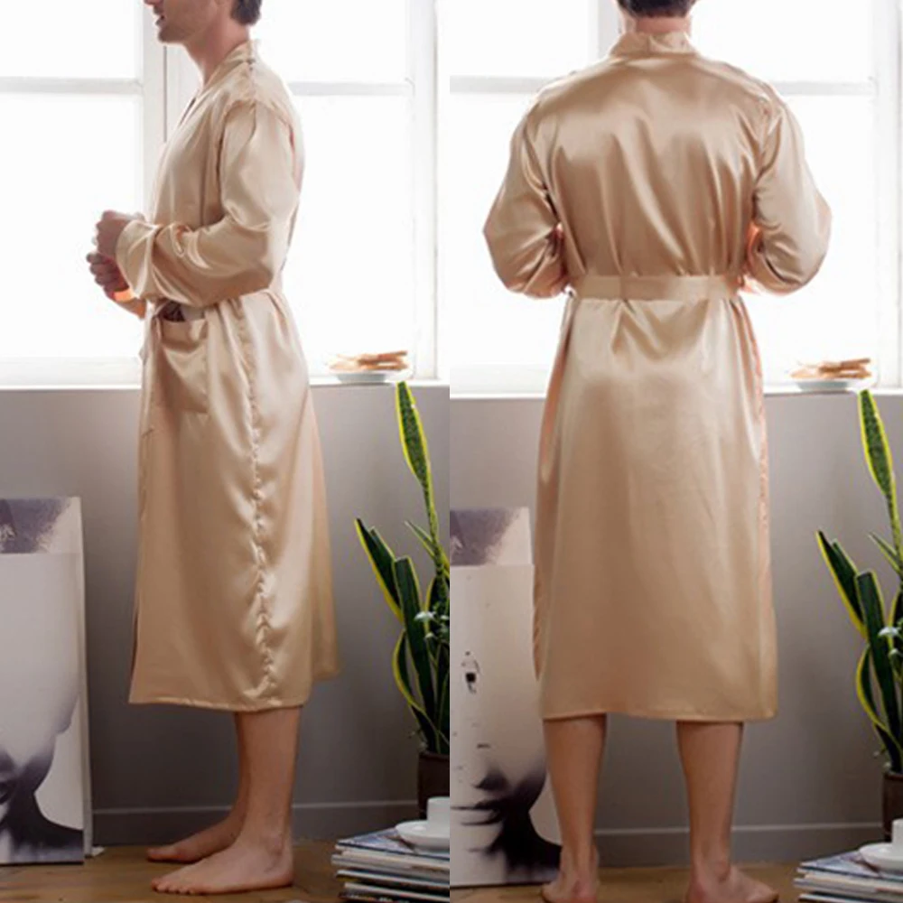 Men Robe Silk Bathrobe Soft Cozy new Long Sleeve Nightgown One-Piece Kimono Men Bath 2025 Gown Solid Robes Home Satin Sleepwear Pamas
