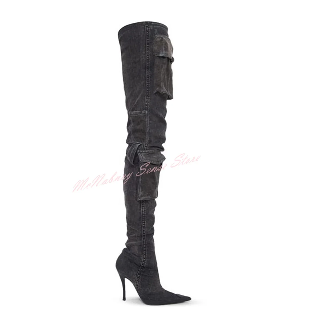 Denim Pocket Straps Boots Pointy Toe Stiletto Heels Solid Thigh High Boots Side Zipper Women Sexy Style Shoes Winter Runway New