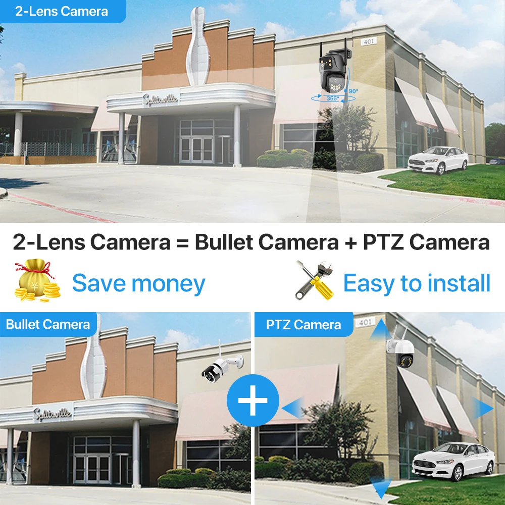 4K 8MP PTZ WIFI Camera Dual Lens Dual Screen IP Camera AI Human Detect 4MP HD Auto Tracking Security Camera iCSee Surveillance