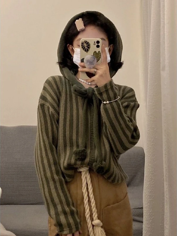 Deeptown 90s Vintage Green Hooded Knitted Cardigan Women Harajuku Kpop Zip Up Cropped Sweater Fairy Grunge Loose Y2K Tops Korean